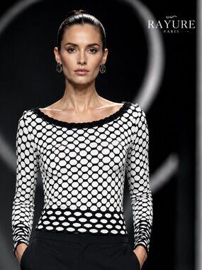 Made in France RAYURE Paris Black White Geometric Knit Top Size 3* Long Sleeve